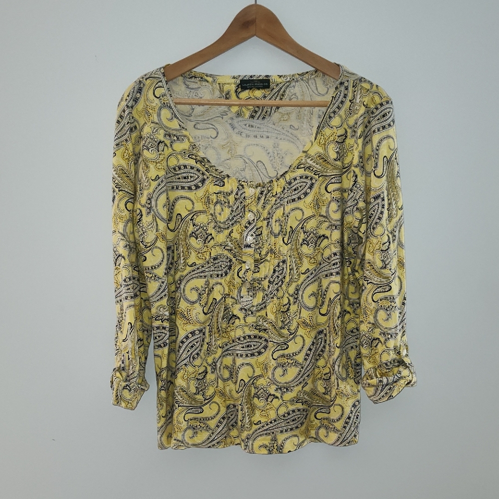 LRL Ralph Lauren Top Blouse L Yellow Paisley Boho Spring Summer Casual Knit